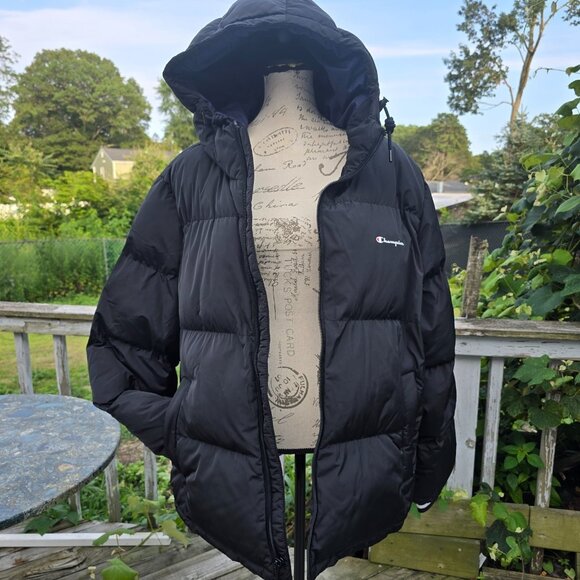 Champion Quilted Puffer Hooded Jacket Dark Blue Full Zipper Men's Size XL - Picture 2 of 11